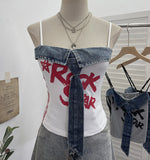 Real Shooting Denim Spliced Print Tie Sling Sling Waist Wearing Hot Girl Bra Short Sleeveless Top Lady 8930