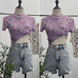 Real Shooting Retro Tie-Dye Double-Layer Mesh Half-High-Neck Short-Sleeved T-Shirt T-Shirt Short-Sleeved T-Shirted Woman 8833