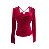 French Design Sense Hanging Neck Cross-Folded Long-Sleeved T-Shirt Inside The Fake Two-Piece Top Female 2767
