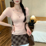 Pink Sister Babes Hollow V-Neck Short-Sleeved Knitted Shirt Women's Summer 2026 New High-End Feeling Small Top