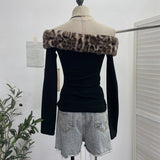 Real Shooting Removable Leopard-Print Hair Collar Shoulder Long-Sleeved T-Shirt Hottie Slim Print Shoulder Thin Velvet Top 1377