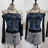 Real Shooting Hottie Fake Two Cowboy Hanging Neck Splicing Mesh Yarn One-Word Shoulder Strapped Dress Short T-Shirt 8935