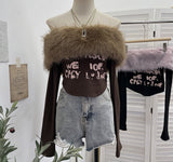 Real Shot Removable Hairy Collar Shoulder Long-Sleeved T-Shirt Repair Body-Wearing Short Thai Tie Top 1370