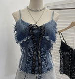 Real Shooting Do The Old Fur Side Of The Denim Splicing Pu Skin Lace Sling Vest Short Without Sleeve Top 618