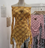 Vintage One-Word Shoulder Long-Sleeved T-Shirt Babes Net Embroidery Irregular Ribbon Dress 12901