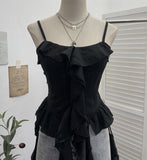 Dark Wasteland To Make Old Hole Slings Vest Irregular Lotus Side Ribbon Short Sleeveless Top 9238