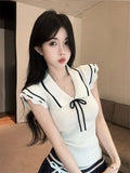 College Style Doll Collar Knitted Women 2026 Summer Pure Hot Babes Small Flying Sleeves Unique Beauty Top