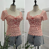 Love Print Small Bow Net Collar Folded Body Elastic Short-Sleeved T-Shirt 28313