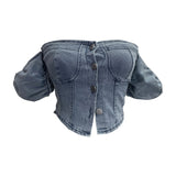 Real Shot Shoulder Bubble Short Sleeves Denim Shirt Design Hot Girl Collar Small Short Top 2530