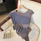 Tea Tea Yarn Knitted Jersey Ice Blouse Women Summer Large Size Fat Mm Unique Beautiful Shirt Splicing Irregular
