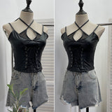 Real Shooting Locomotive Punk Pu Splicing Fishing Net Hanging Neck Sling Vest Babes Wearing Rope Repair Short Blouse 8106