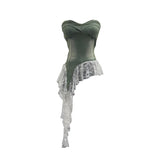 Real Pat With Chest Cushion Irregular Ribbon Lace Skirt Stided With Denim Vest Back Sleeveless Top 2759