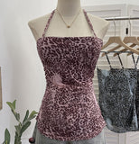 Real Shot Adjustable Shoulder Strap Hanging Neck Leopard Print Mesh Sling Sling With Chest Cushions Bare Back Hottie Top 8192