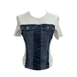 Unique Splicing Denim T-Shirt Girl Summer New Design Sense Short Fake Two-Piece Top Tide 8925