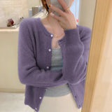 2026 Spring And Autumn New Round-Necked Purple Short Knitted Small Cardigan Loose Outer Sweater Coat For Women