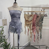 Tie Dyed Lotus Leaf Edge Mesh Shaft Irregular Ribbon Thin Belt Wrapped Bra Vest Top 9956
