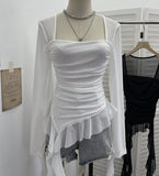 Real Shooting Collar Low-Breast Sexy Mesh Yarn Long-Sleeved Top Irregular Ribbon To Repair Hottie T-Shirt 8096