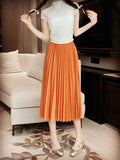 Simple Multi-Color New Folding Skirt Half-Dress Woman High Waist Thin Solid Color Hanging Medium Long Folding Skirt