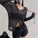 Loose Hollow Knitted Shirt Design Long-Sleeved Top Women Spring Summer New Open Fork Hooded Shirt Niche Blouse Tide