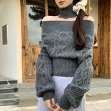 Ma Hua's Word Shoulder-To-Shoulder Knitted Shirt Woman Autumn Commute New Korean Lazy Wind Waist Top
