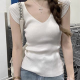 Purple V-Neck Knitted Short-Sleeved T-Shirt For Girls Spring Niche Short French Beauty Sweet Hot Girl Small Top