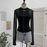 Black Hot Diamond Mesh Spliced Long-Sleeved Top Female Feeling Hot Girl Perspective Body Bottoming Shirt T-Shirt 8951