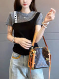 2026 Summer New Round Collar Fashion Colliding Short-Sleeved T-Shirt Women's Small Slim Slimming Commuting Top