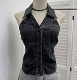Hanging Neck V-Neck Single Buckle Denim Vest Repair Behind The Back Tight To Take A Short Sleeveless Top Lady 830