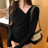 2026 Early Spring Han Collar Twisting Folded Collar V Collar Long-Sleeved Knitted Shirt Women Early Autumn Design Sense Top