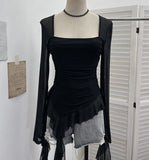 Real Shooting Collar Low-Breast Sexy Mesh Yarn Long-Sleeved Top Irregular Ribbon To Repair Hottie T-Shirt 8096