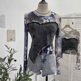 Solid Shooting Tie-Dye Print Spliced Denim T-Shirt Girl Autumn Design Sense Irregular Hair Side Short-Sleeved Top 2617