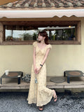 Design Sense V-Necked Flower Short-Sleeved Dress Women's Summer Niche Slim Waist Long Dress Gentle Style Dress