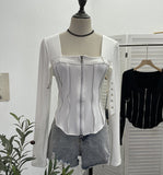 Real Shooting Square Zipper Open Shirt Design T-Shirt Bottoming Shirt Girl Body Short Hot Girl Hair Coat 2679