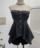 Real Shooting Thai Hottie Irregularly Under The Water Wash Denim Breast Vest Short Single-Breastless Sleeveless Top 2652
