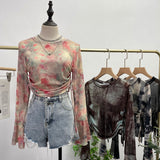 Sunscreen Not Sultry Hot Tie Dye Net Yarn Long-Sleeved T-Shirt Drawstring Tethered With Short-Sized T-Shirt Horn Sleeve Top 8929