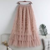 Lotus-Leaf Yarn Skirt Fairy Dress Girl 2025 Summer Slim Dress High-Waist A-Shaped Mesh Cake Skirt