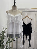 Summer Lotus Leaf Side Sling Shirt Women Feel Low Chest Bare Back Ribbon Loose Sleeveless Top 9670