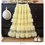 New Heavy Industry Lace Cake Skirt Long Dress Sweet Wind High Waist Wood Ear Mesh Skirt 8103