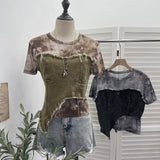 Real Shooting Guangzhou Women's Clothing Dizz-Dyed Net Yarn Splicing Edge To Make Old Denim Short-Sleeved T-Shirt Top 26171