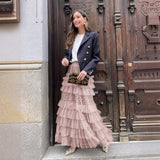 New Women's High-End Sense Summer Temperament British Net Yarn Cake Skirt Punt Skirt Solid Color A Word Half-Body Skirt