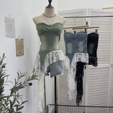 Real Pat With Chest Cushion Irregular Ribbon Lace Skirt Stided With Denim Vest Back Sleeveless Top 2759