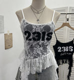 Real Shooting Lace Sling Vest Irregular Ribbon Hot Wear Print Short-Sleeved Top 1193