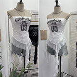 Real Shot With Anti-Slip Letter Print Chest Vest Tsets Lace Splicing Mesh Yarn Irregular Top 1233