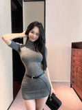 Grey Half-Necked Short-Sleeved Knitted Dress Girl Spring Body Repair Dress Sister Babes Hip Skirt