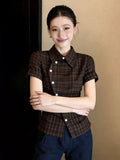 Vintage Curry Plaid Short-Sleeved Shirt Women 2026 Summer Super Fire Age Repairolo Collar T-Shirt Top