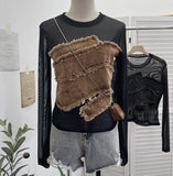 Real Shooting Spice Girls Irregular Hairy Denim Splicing Perspective Mesh Long Sleeves Bottom Shirt Short T-Shirt 8978
