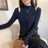 Small High-Neckless Sleeveless Vest V-Neck Cardigan T-Shirt Two Sets Of Women's Autumn And Winter 2025 New Explosive Top