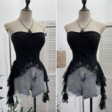 Real Shot With Chest Cushion Denim Splicing Lace Ribbon Irregular Thoracic Coat Short Strap Strap Vest 2739