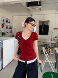 Design-Sensitive White Lace V-Neck Front Shoulder Short-Sleeved T-Shirt For Women's Summer New Slim Design With A Slim Unique Top