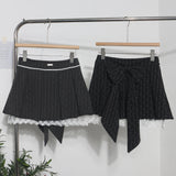 Real Shooting Leg Long Skirt Love Print Splicing Lace A Word 100 Folds Thin Bow Half-Dress Skirt 9339